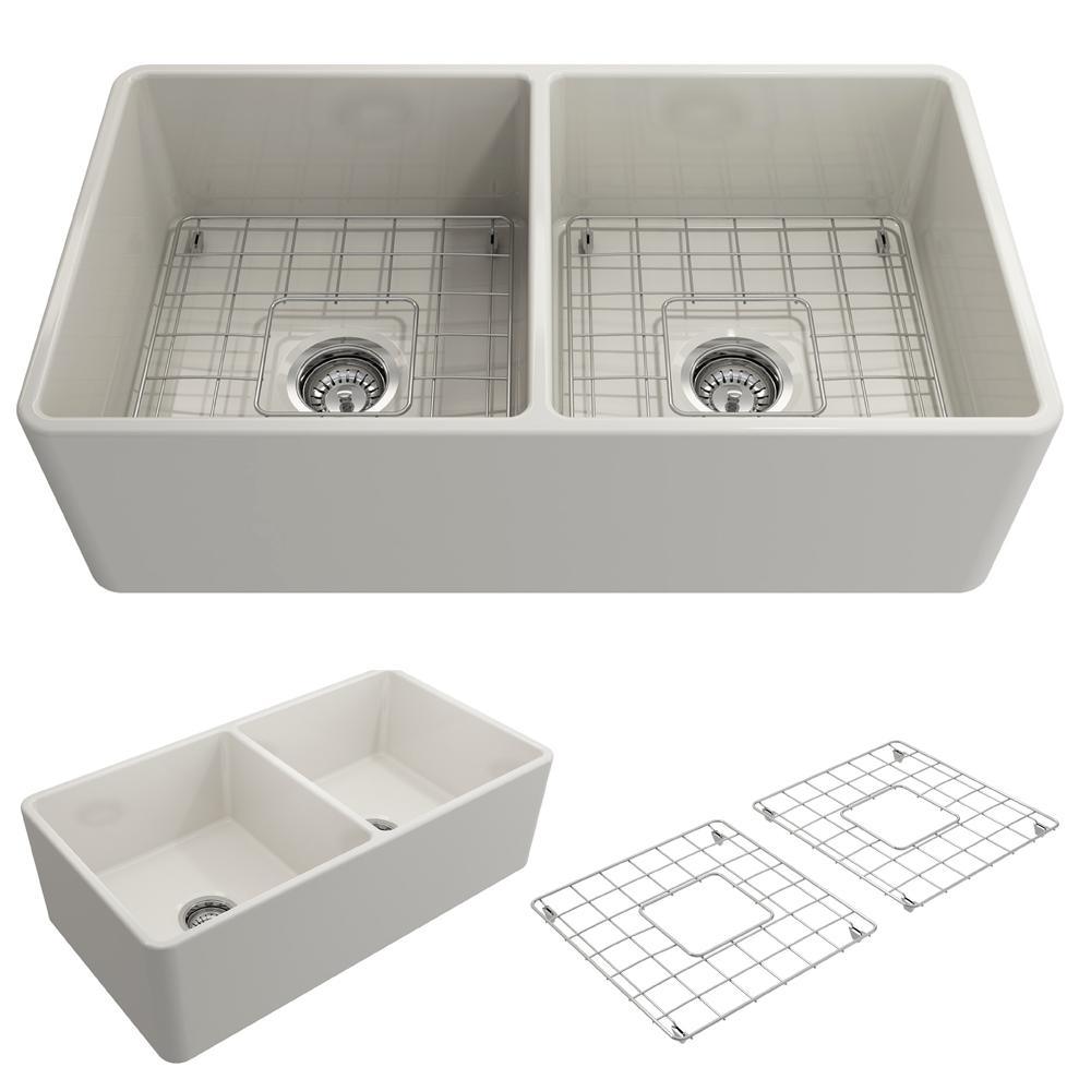 Classico Farmhouse Apron Front Fireclay 33 in. Double Bowl Kitchen Sink with  Bottom Grid and Strainer in White - Super Arbor