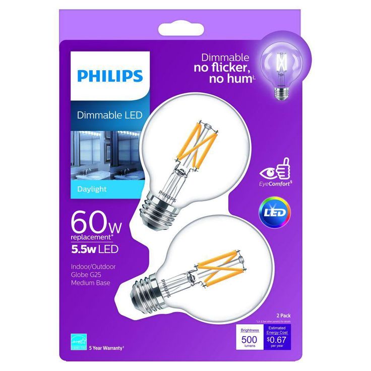 Philips 60-Watt Equivalent G25 Dimmable Daylight LED Light Bulb (2-Pack)