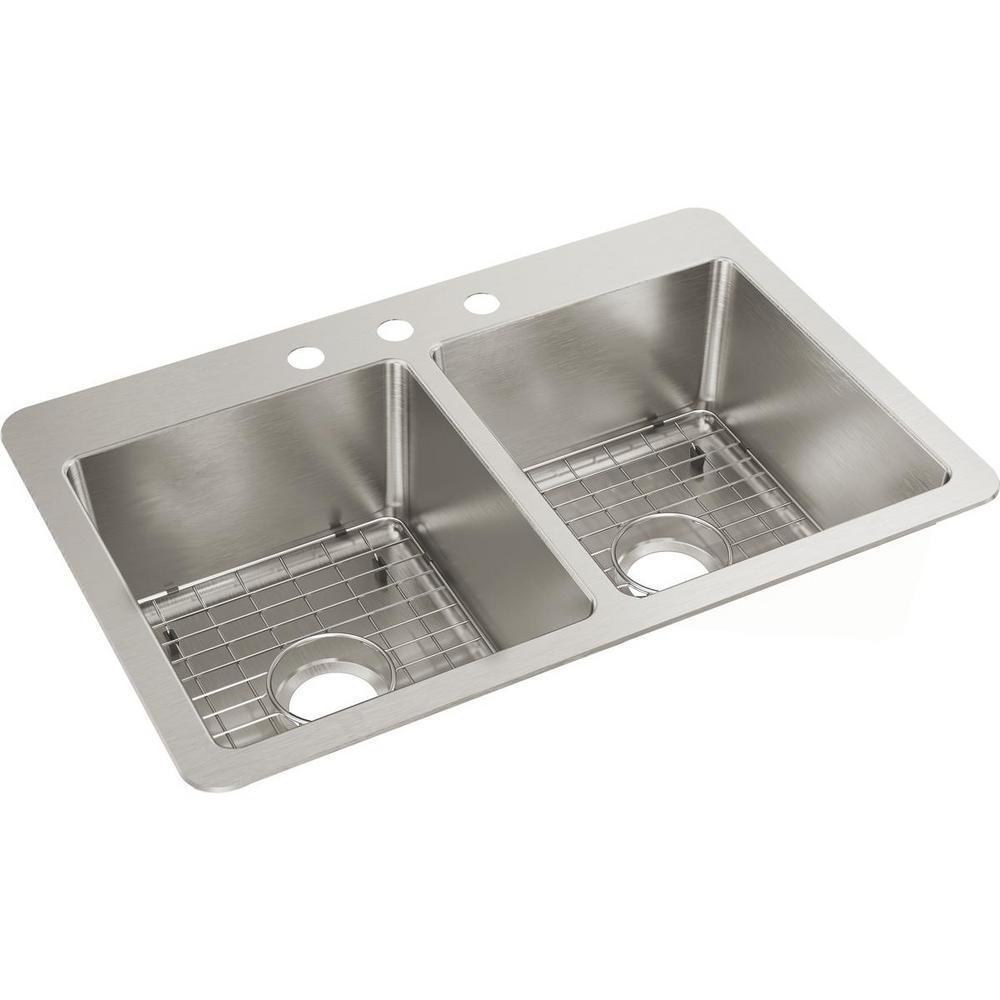 Avenue Drop-in/Undermount Stainless Steel 33 in. 50/50 Double Bowl Kitchen Sink with Bottom Grid - Super Arbor