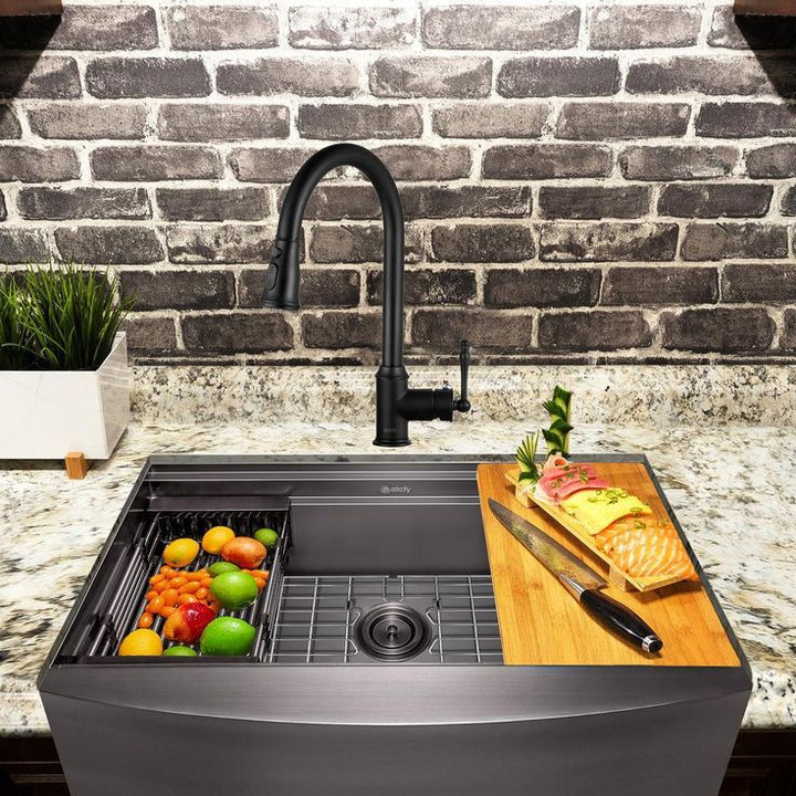 All-in-One Matte Black Finished Stainless Steel 30 in. x 20 in. Farmhouse Apron Mount Kitchen Sink with Pull-down Faucet