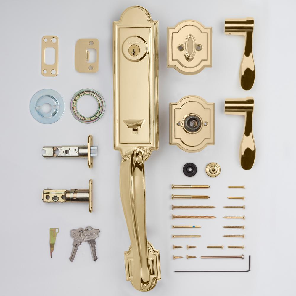 Prestige Avendale Single Cylinder Lifetime Polished Brass Door Handleset & Arch Rose Tobin Door Lever feat SmartKey - Super Arbor