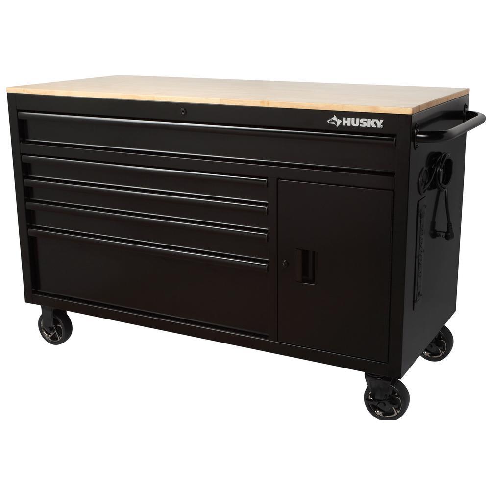 56 in. W x 24.5 in. D 5-Drawer 1-Door Tool Chest Mobile Workbench with Solid Wood Top in Matte Gray