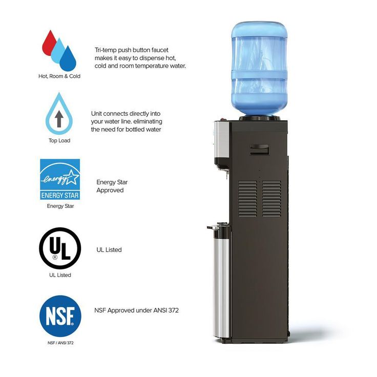 Hot Cold and Room Temp Water Dispenser Cooler Top Load, Tri Temp, Black and Stainless Steel, Essential Series
