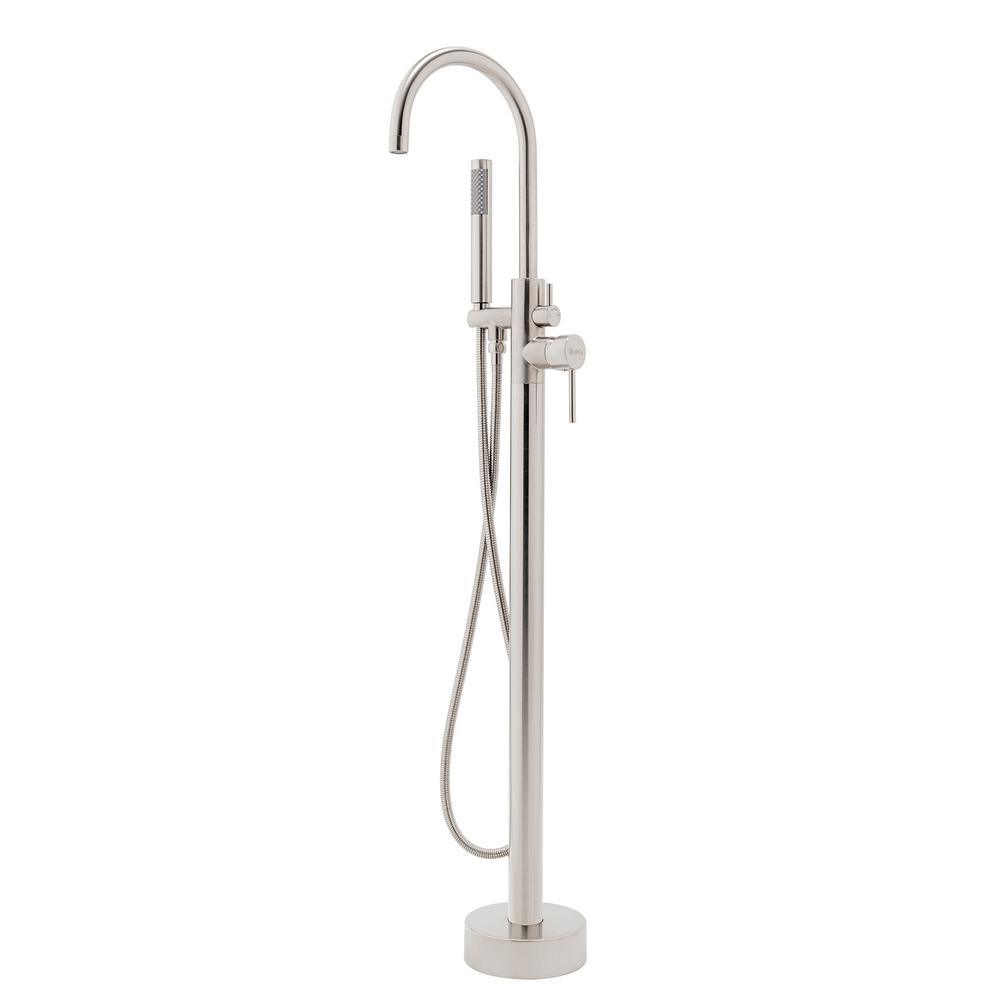 1-Handle Freestanding Floor Mount Tub Faucet Bathtub Filler with Hand Shower in Brush Nickel - Super Arbor