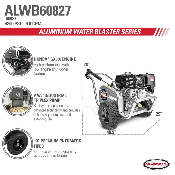 Simpson SIMPSON Aluminum Water Blaster ALWB60827 4200 PSI at 4.0 GPM HONDA GX390 Cold Water Pressure Washer
