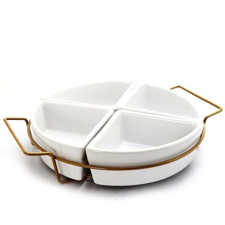 Gracious Dining 5-Piece White Ceramic 4-Section Tray Set with Metal Rack