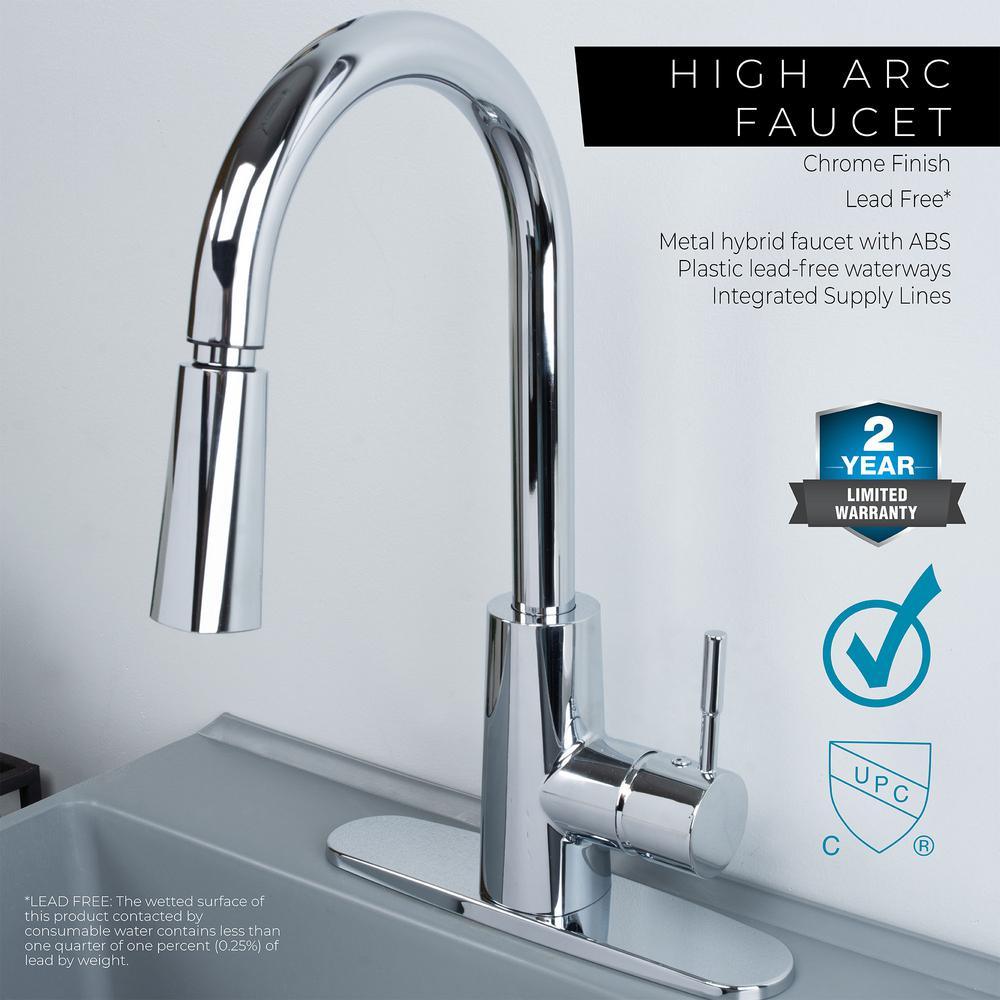 Complete 22.875 in. x 23.5 in. Grey 19 Gal. Utility Sink Set with Metal Hybrid Chrome High Arc Pull-Down Faucet - Super Arbor