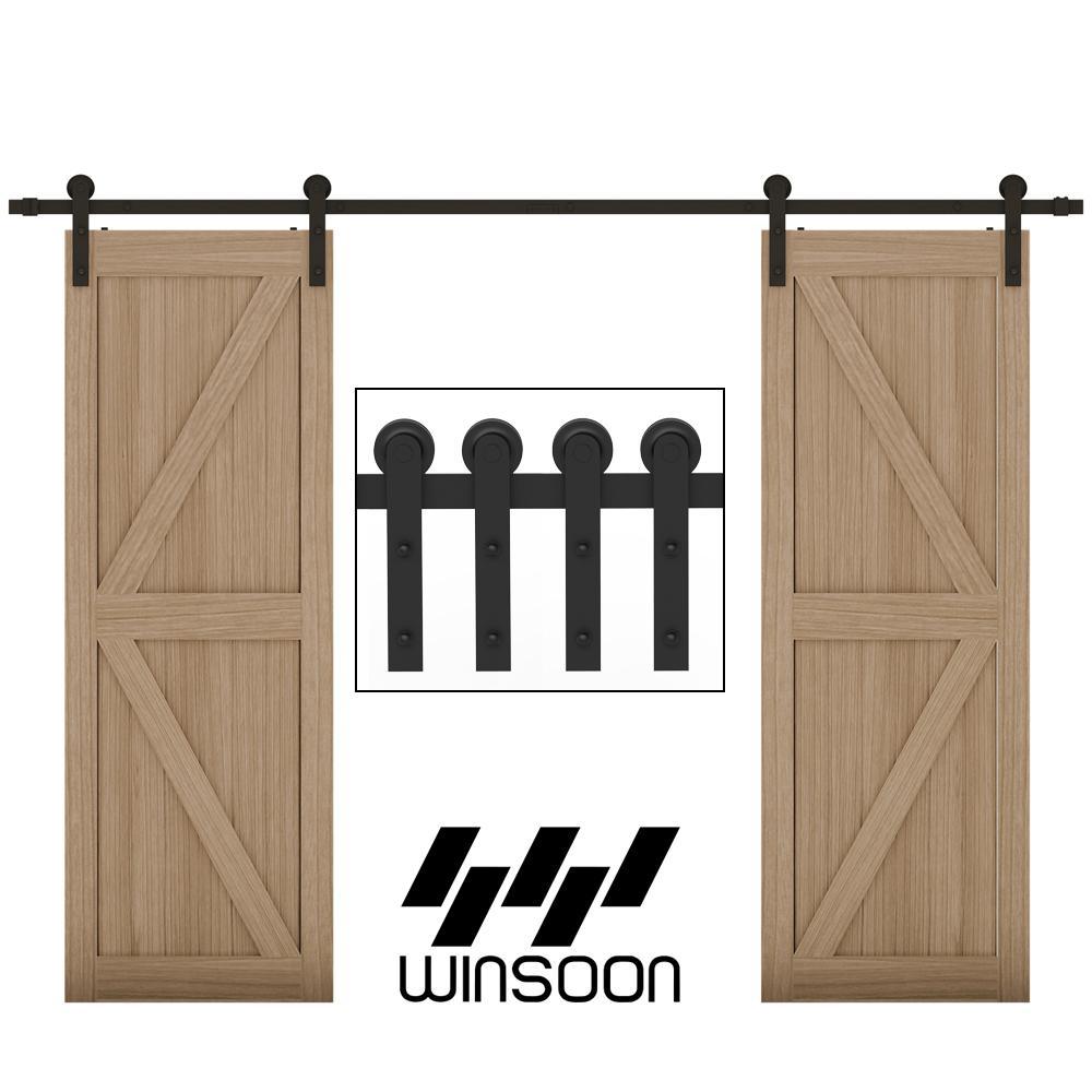 10 ft./120 in. Frosted Black Strap Sliding Barn Door Track Hardware Kit for Double Wood Doors Non-Routed Floor Guide - Super Arbor