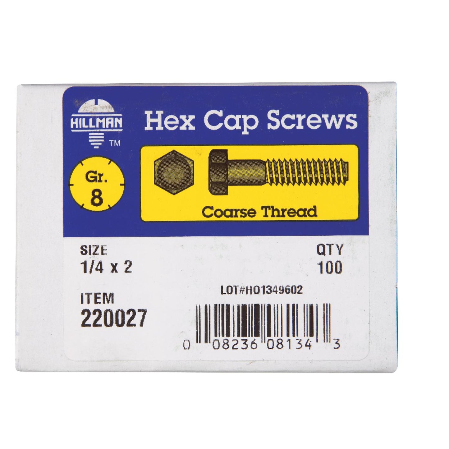 Hillman 1/4 in. Diameter x 2 in. Length Heat-Treated Zinc Steel Hex Head Cap Screws, Coarse Thread, 100-Pack