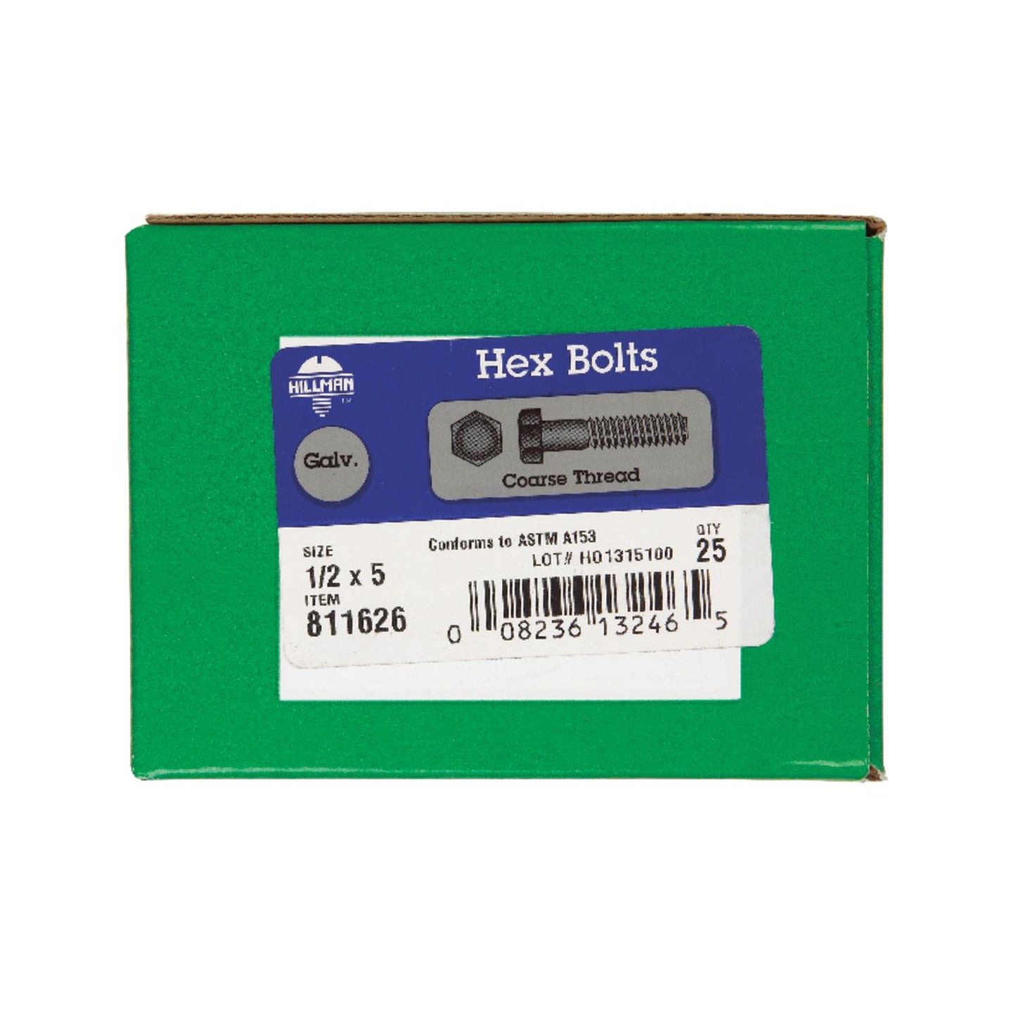 Hillman 1/2 in. Diameter x 5 in. Length Hot-Dipped Galvanized Steel Hex Bolt, Coarse Thread, 25-Pack