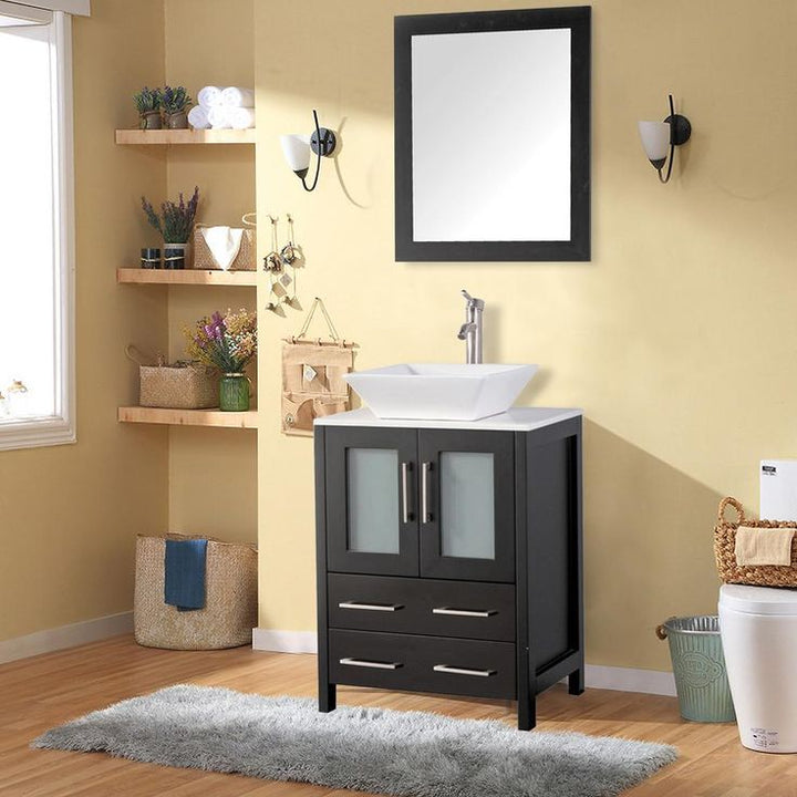 Ravenna 24 in. W x 18.5 in. D x 36 in. H Bathroom Vanity in Espresso with Single Basin Top in White Ceramic and Mirror