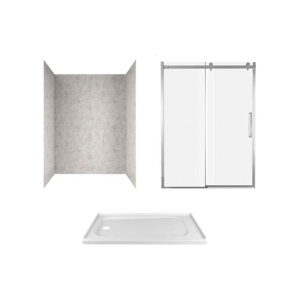 Passage 60 in. x 72 in. 3-Piece Glue-Up Alcove Shower Wall, Door and Base Kit with Left Hand Drain in Serene Marble - Super Arbor