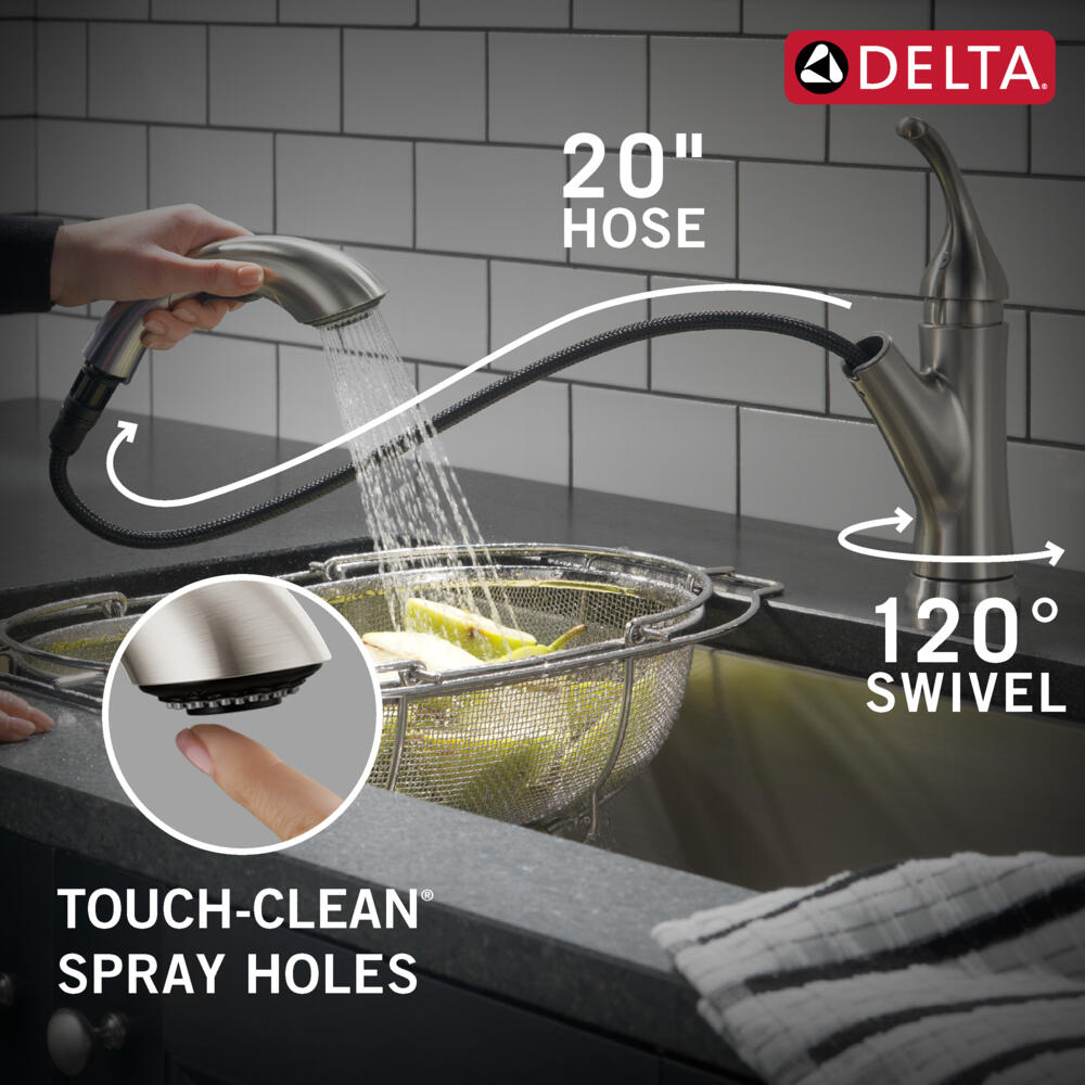 Delta Kessler Stainless 1-Handle Deck-Mount Pull-Out Kitchen Faucet with Soap Dispenser and Deck Plate