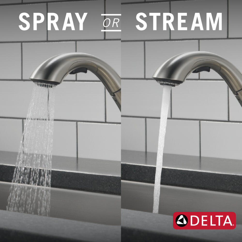 Delta Kessler Stainless 1-Handle Deck-Mount Pull-Out Kitchen Faucet with Soap Dispenser and Deck Plate
