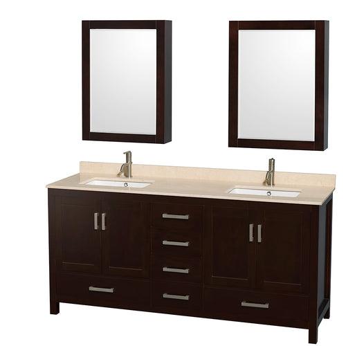 Wyndham Collection Sheffield 72-in Espresso Double Sink Bathroom Vanity with Ivory Marble Natural Marble Top (Mirror Included)
