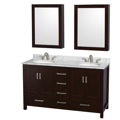 Wyndham Collection Sheffield 60-in Espresso Double Sink Bathroom Vanity with White Carrara Marble Natural Marble Top (Mirror Included)