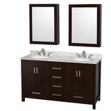 Wyndham Collection Sheffield 60-in Espresso Double Sink Bathroom Vanity with White Carrara Marble Natural Marble Top (Mirror Included)