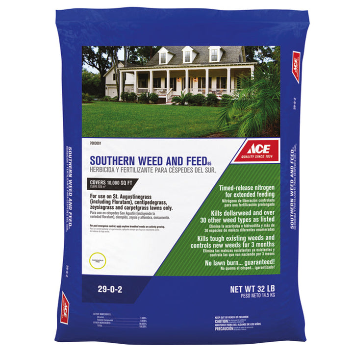 Ace Southern Weed & Feed Lawn Fertilizer for Multiple Grass Types, 10,000 sq ft Coverage, 29-0-2, 32 lb