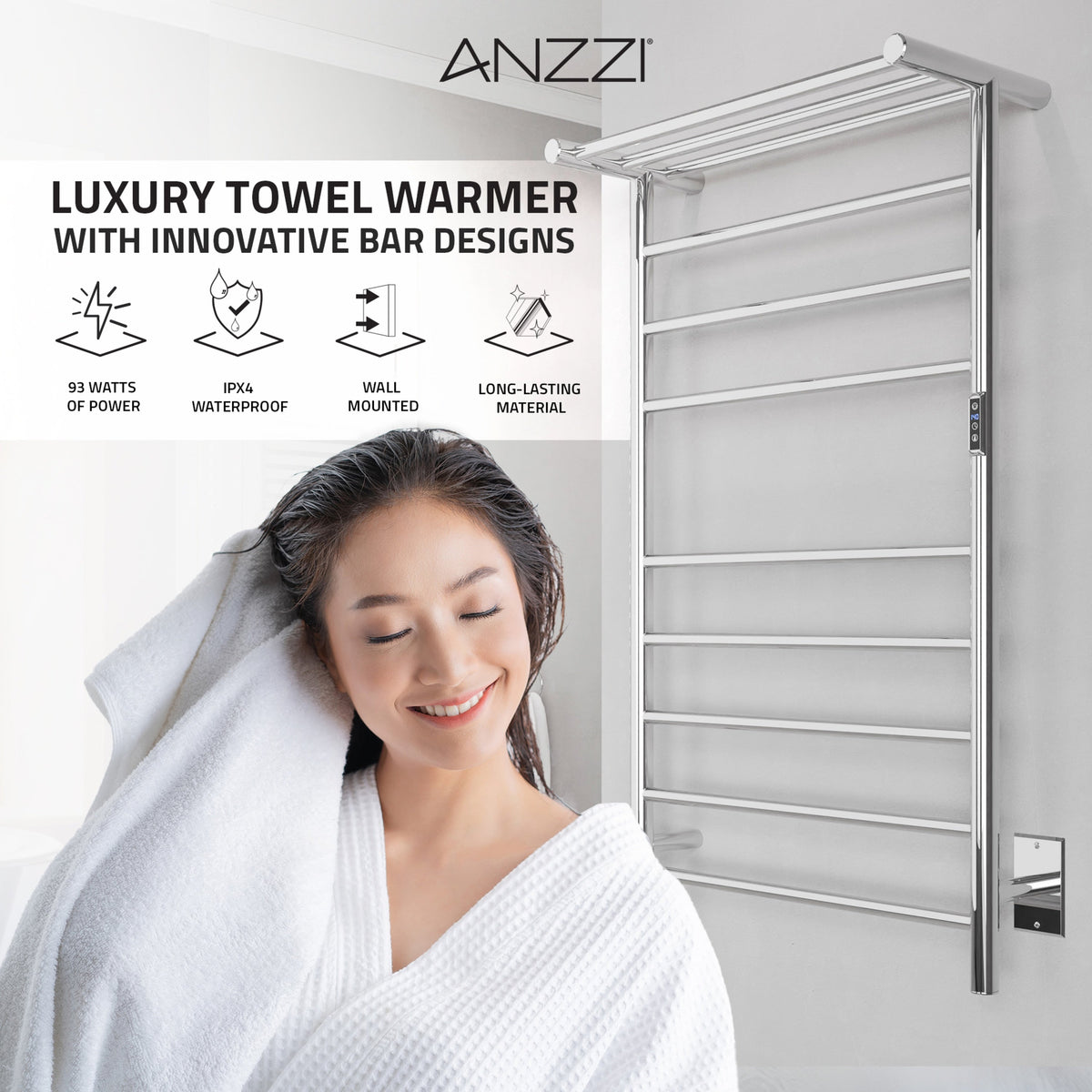 ANZZI Polished Chrome Plug-In Wall-Mount Towel Warmer, 23.62 in W x 39.09 in L x 9.53 in H