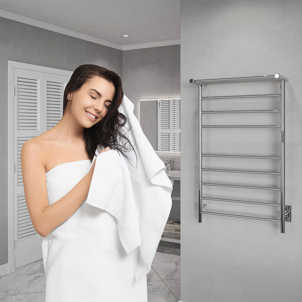 ANZZI Polished Chrome Plug-In Wall-Mount Towel Warmer, 23.62 in W x 39.09 in L x 9.53 in H