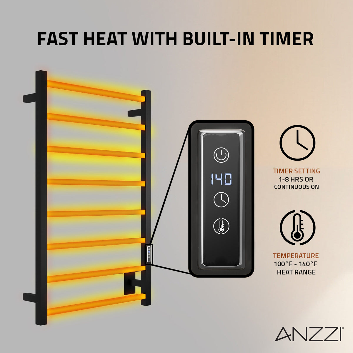 ANZZI Bell 8-Bar Matte Black Plug-In Wall Mounted Towel Warmer, 23.6 in W x 36.25 in H