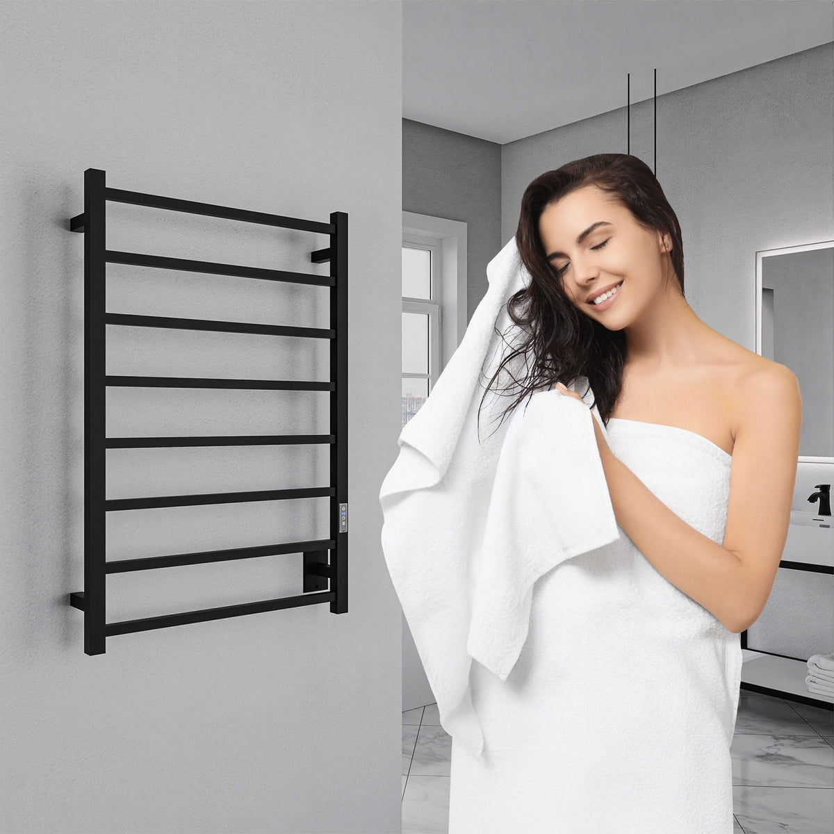 ANZZI Bell 8-Bar Matte Black Plug-In Wall Mounted Towel Warmer, 23.6 in W x 36.25 in H