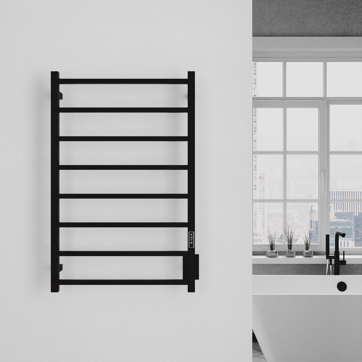 ANZZI Bell 8-Bar Matte Black Plug-In Wall Mounted Towel Warmer, 23.6 in W x 36.25 in H