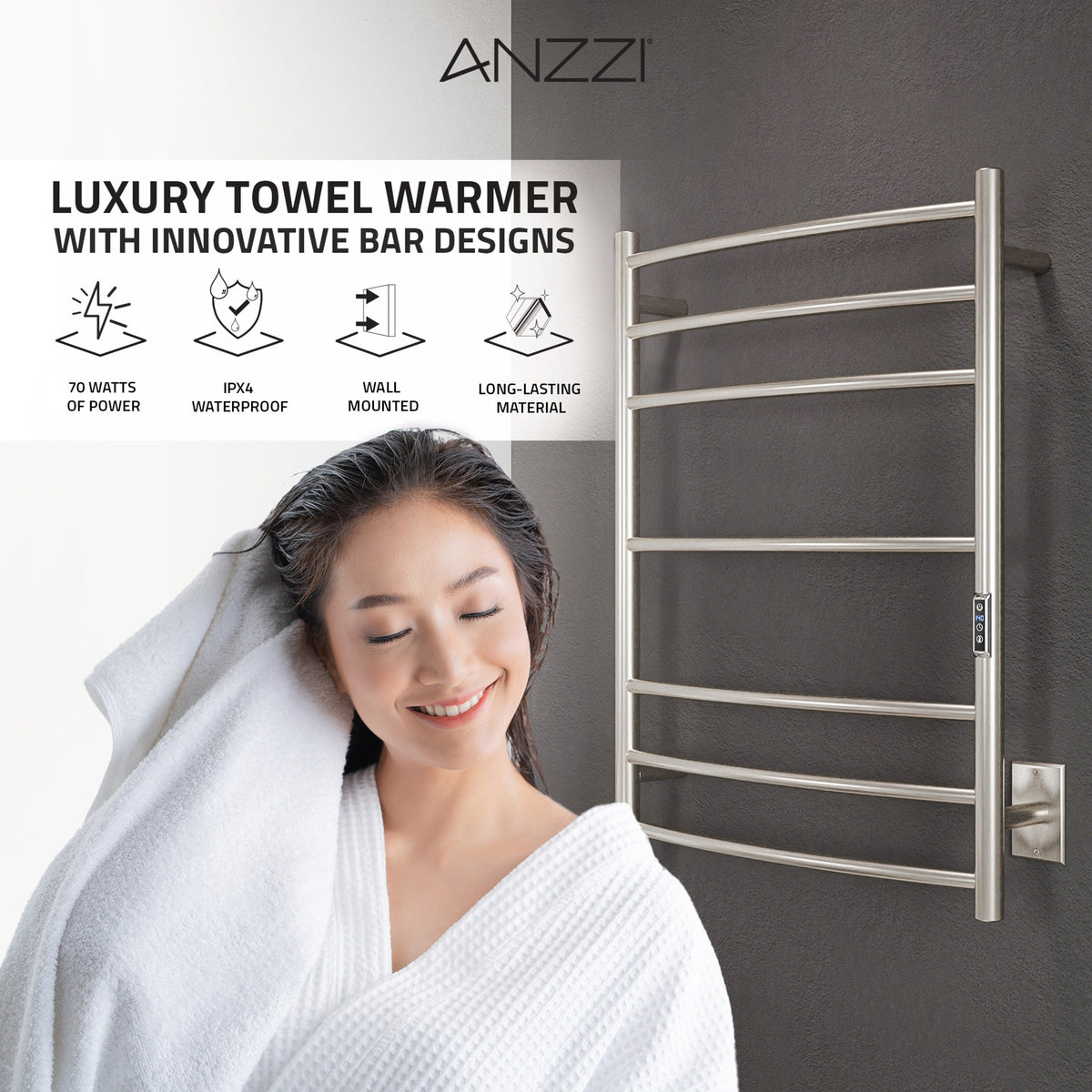 ANZZI Brushed Nickel Plug-In Wall-Mount Towel Warmer, 31.5 x 23.6 in, 7-Bar