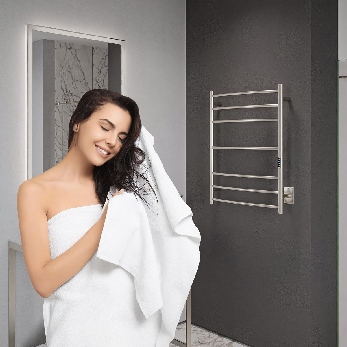 ANZZI Brushed Nickel Plug-In Wall-Mount Towel Warmer, 31.5 x 23.6 in, 7-Bar