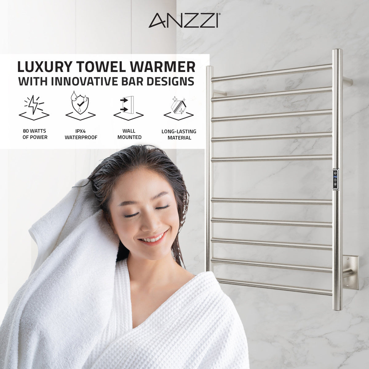 ANZZI Brushed Nickel Plug-In Wall Mount Towel Warmer, 20.08 W x 31.5 H x 4.41 D