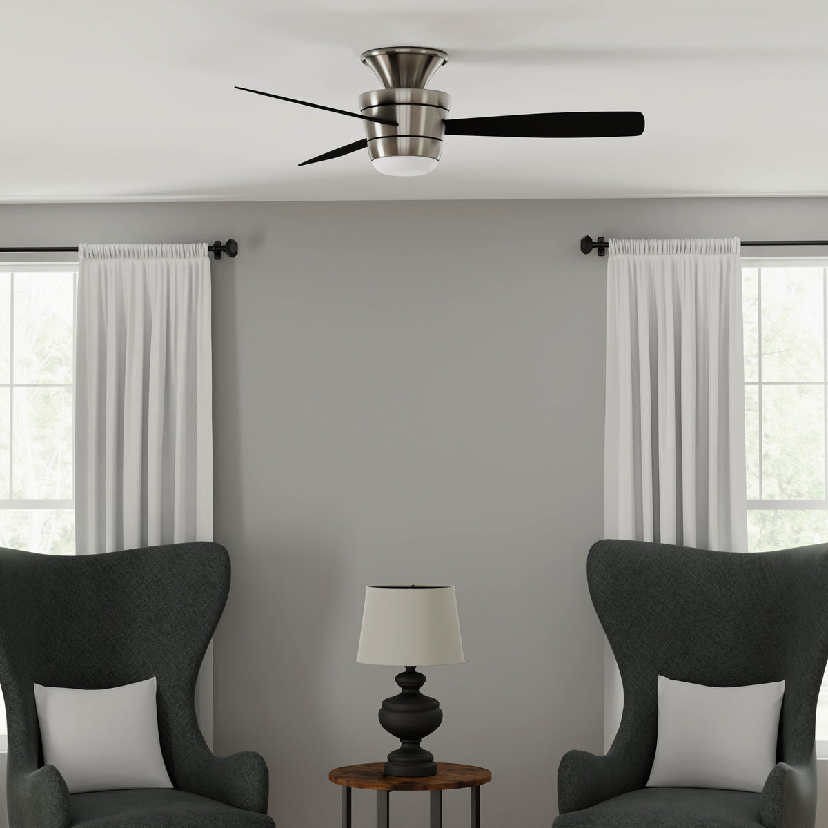 Harbor Breeze Mazon 44-in Brushed Nickel Indoor Flush Mount Ceiling Fan with Light Kit and Remote (3-Blade)