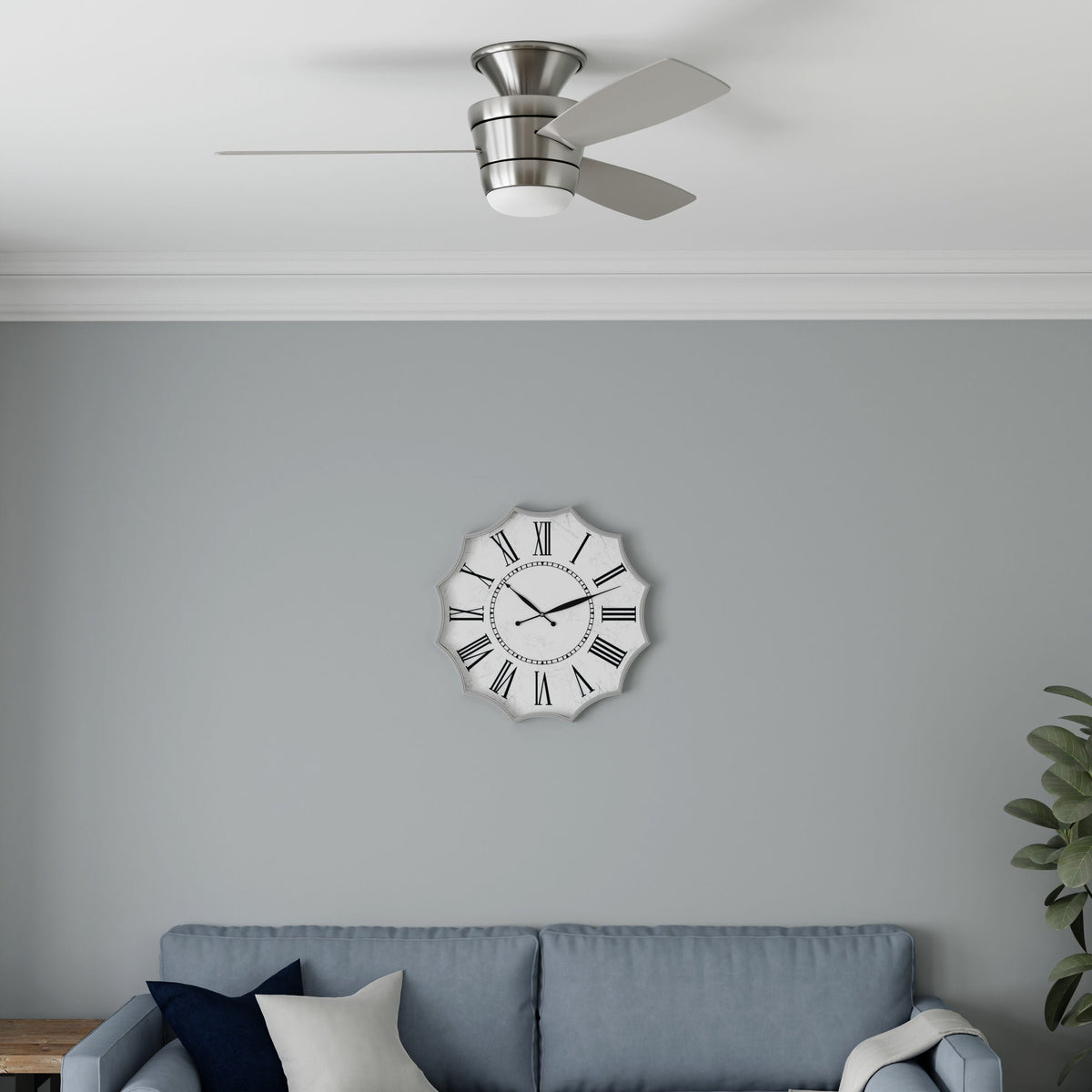 Harbor Breeze Mazon 44-in Brushed Nickel Indoor Flush Mount Ceiling Fan with Light Kit and Remote (3-Blade)