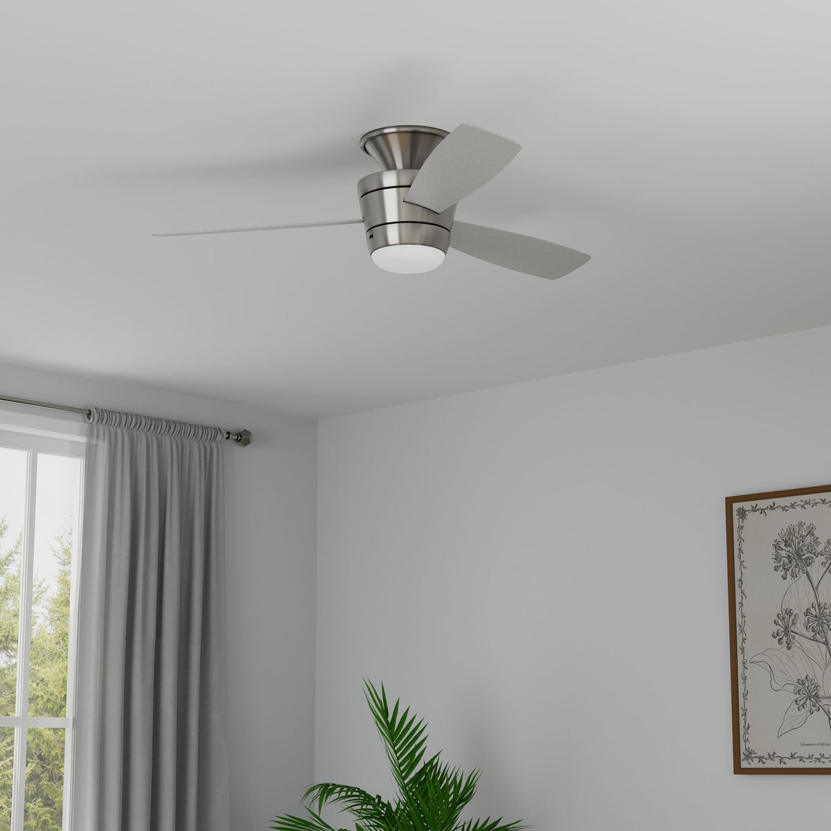 Harbor Breeze Mazon 44-in Brushed Nickel Indoor Flush Mount Ceiling Fan with Light Kit and Remote (3-Blade)