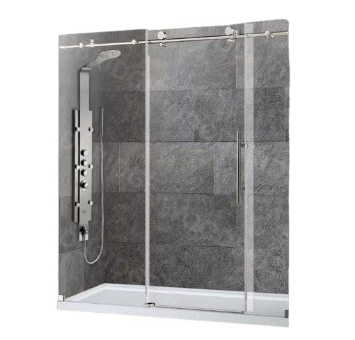 72 in. W x 76 in. H Frameless Sliding Shower Door with Shatter Retention Glass in Brushed Nickel