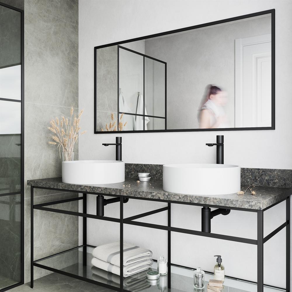 Matte Stone Round Vessel Bathroom Sink in White and Gotham Faucet in Matte Black - Super Arbor