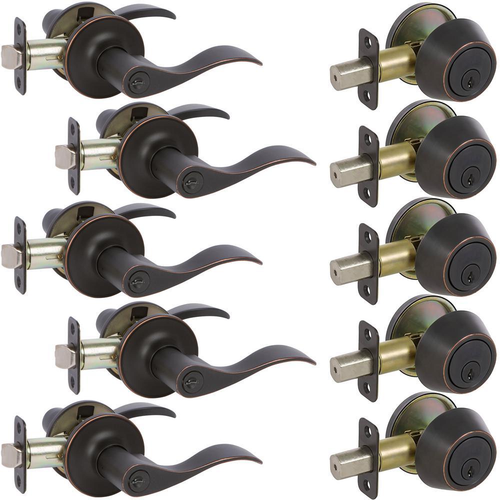 5-Bennett Edged Oil Rubbed Bronze Entry Door Levers and 5-Edged Oil Rubbed Bronze Sgl Cyl Deadbolts All Keyed Alike - Super Arbor