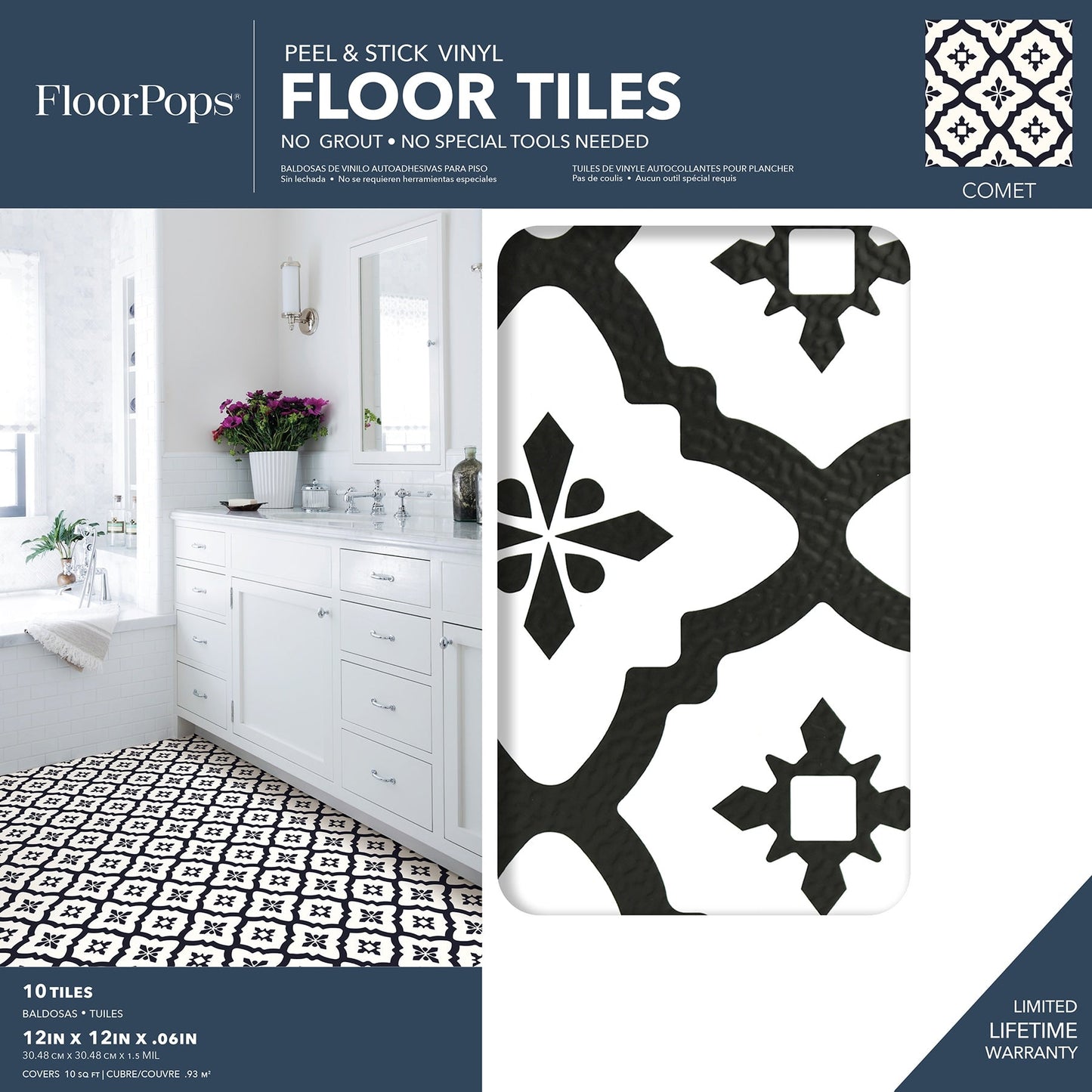 FloorPops Black 12-in x 12-in Water Resistant Peel and Stick Vinyl Tile Flooring, 20-sq ft Carton