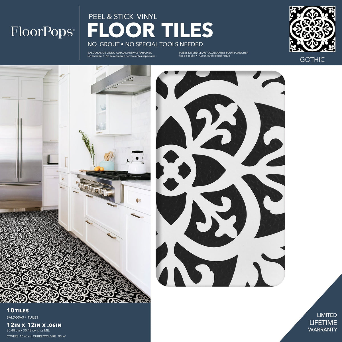 FloorPops Black and White 2.76-mil x 12-in W x 12-in L Water Resistant Peel and Stick Vinyl Tile Flooring