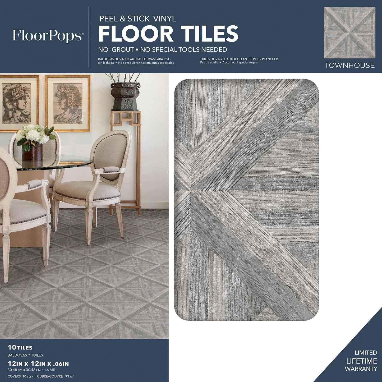 FloorPops Grey 12-in x 12-in Water-Resistant Peel-and-Stick Vinyl Tile Flooring, 20-sq ft Carton