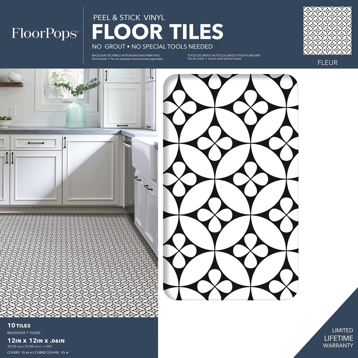 FloorPops Fleur Black & White 12-in x 12-in Peel and Stick Vinyl Floor Tiles, Water-Resistant, 20-sq ft Coverage