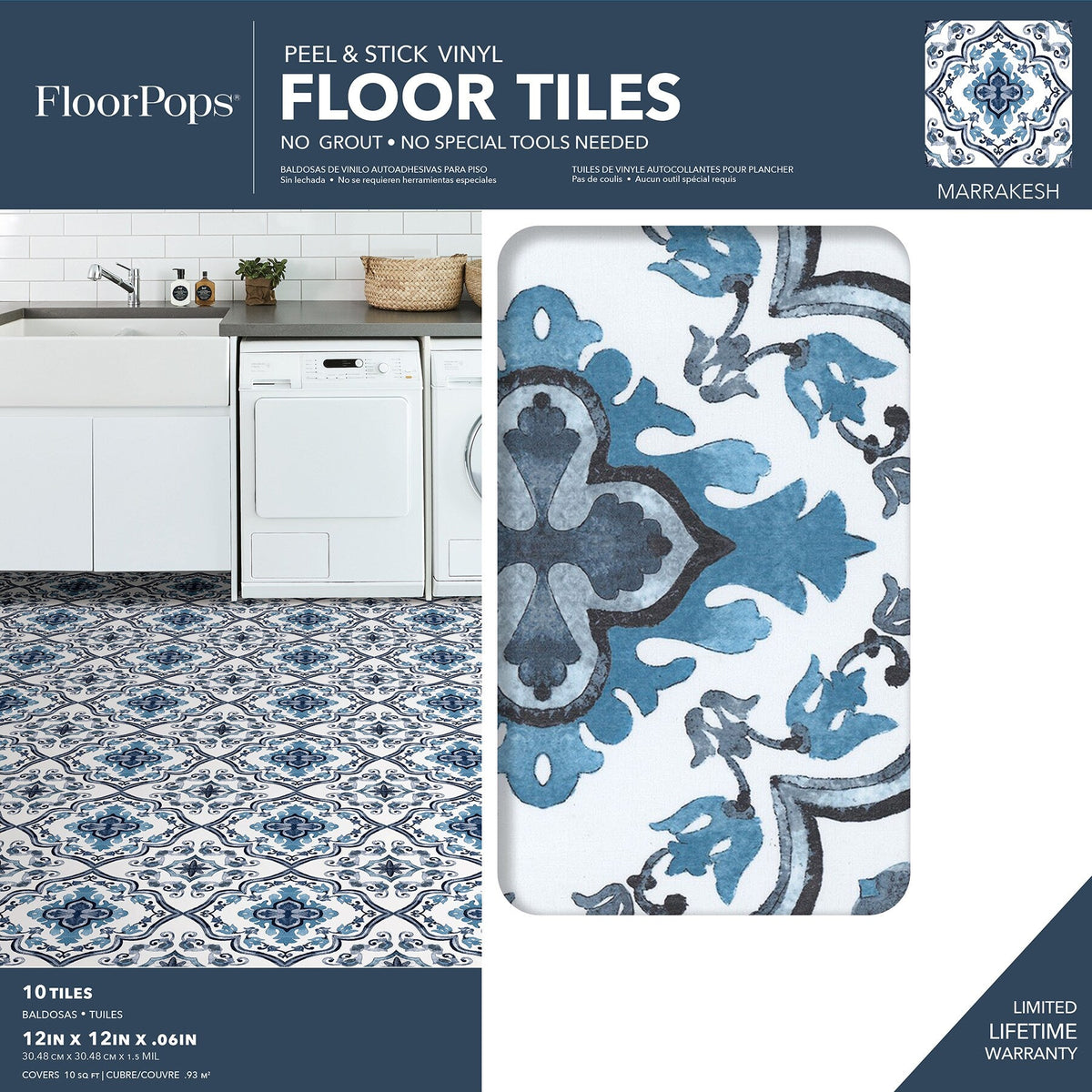 FloorPops Marrakesh Blue 12-in x 12-in Water-Resistant Peel-and-Stick Vinyl Tile Flooring, 20-sq ft Carton