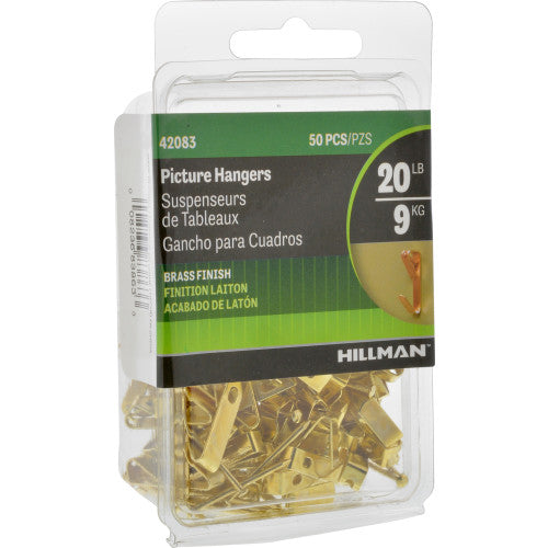 Hillman Brass-Plated Gold Conventional Picture Hangers, 20 lb Capacity, 50 Piece Pack