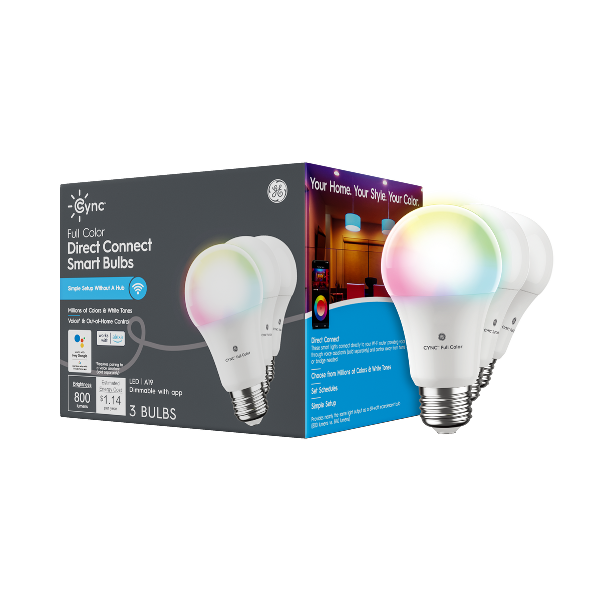 GE C by GE (Cync) 60W Equivalent A19 Full Color Dimmable Smart LED Light Bulb, Direct Connect, 3-Pack