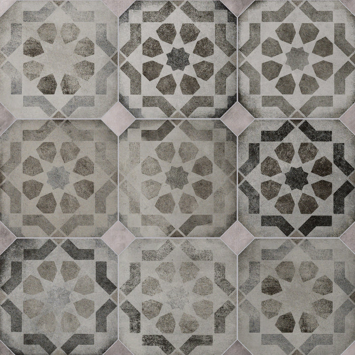 Affinity Tile Laverton Octagon Deco Sombra with Taco Gris 8-in x 8-in Matte Porcelain Cement look Multi-shaped Floor and Wall Tile product image