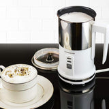 8.1 oz. White Stainless Steel Electric Milk Frother 3 in 1-Warming, Heating and Frothing, See-Through Lid Plus Whisks