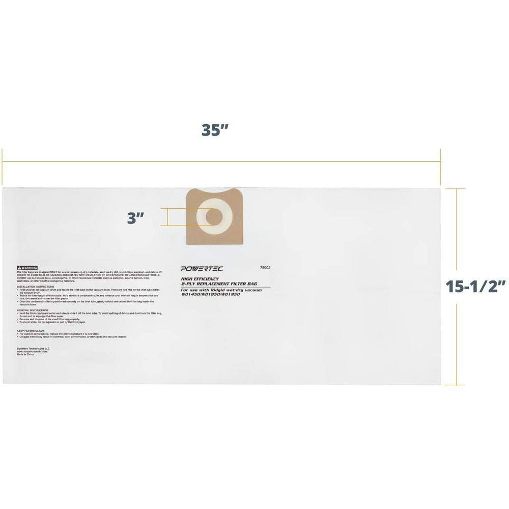 High Efficiency Filter Bags for RIDGID Wet/Dry Vacuum VF3502 (2-Pack) - Super Arbor