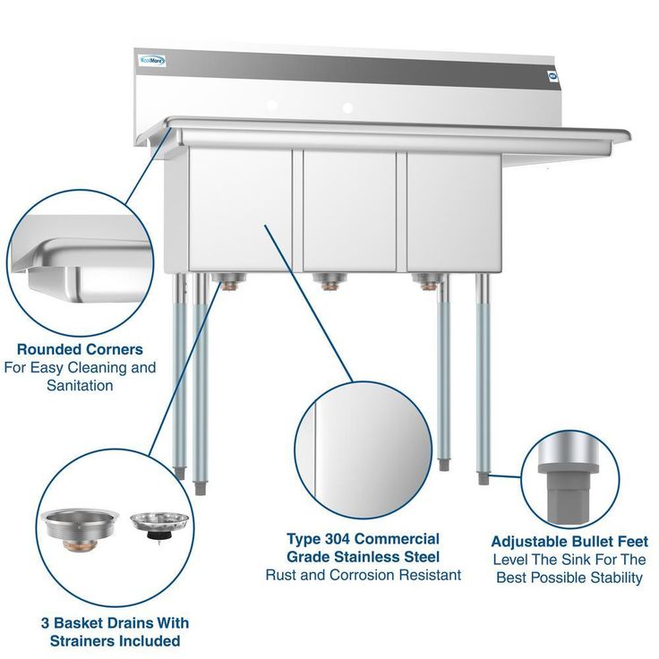 45 in. Freestanding Stainless Steel 2-Hole Triple Bowl Commercial Kitchen Sink