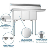 45 in. Freestanding Stainless Steel 2-Hole Triple Bowl Commercial Kitchen Sink