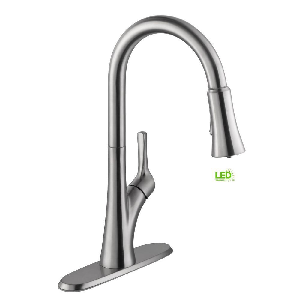 Single-Handle Pull-Down Sprayer Kitchen Faucet with LED Light in Stainless Steel - Super Arbor