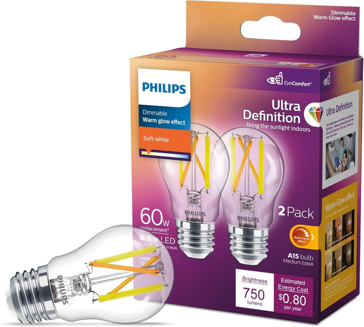Philips 60-Watt Equivalent A15 Dimmable LED Light Bulb, Soft White, Ultra Definition, E26 Base, 750 Lumens (2-Pack)